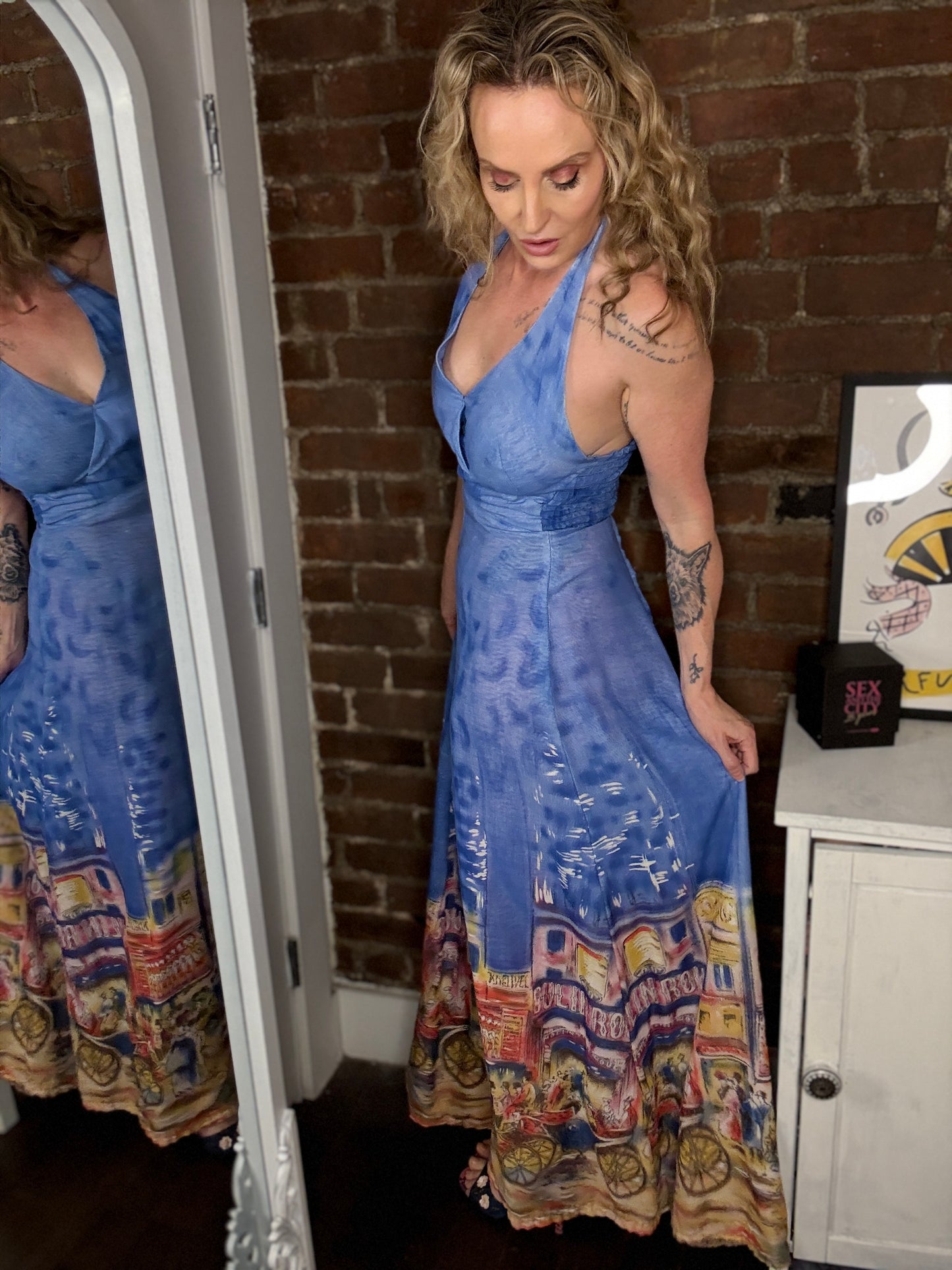 VINTAGE MOULIN ROUGE PRINT MAXI DRESS