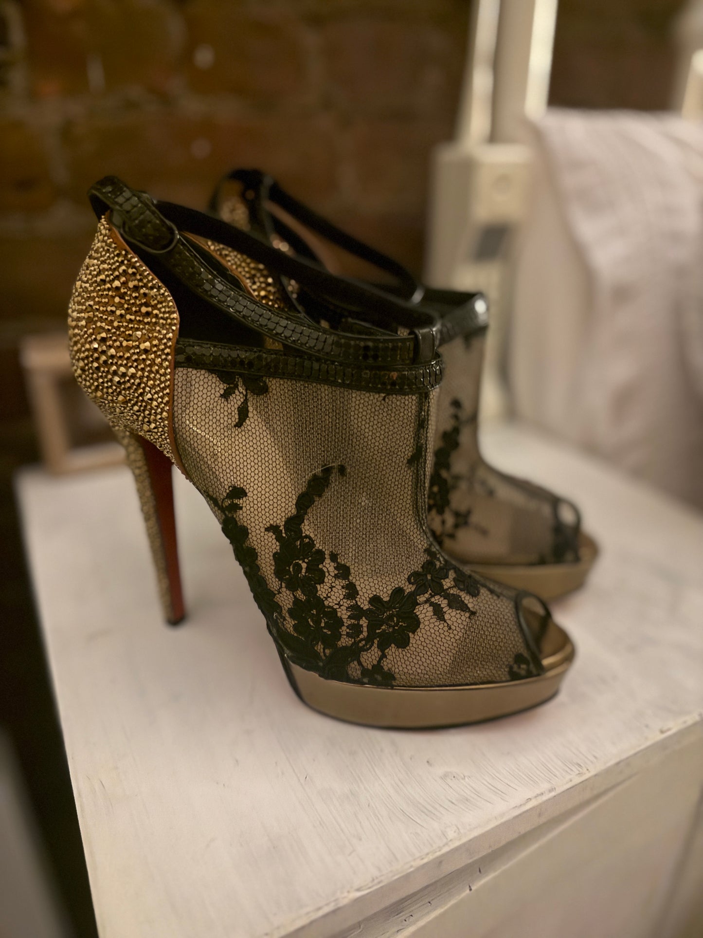 CHRISTIAN LOUBOUTIN LACE CRYSTAL BOOTIE SEX AND THE CITY