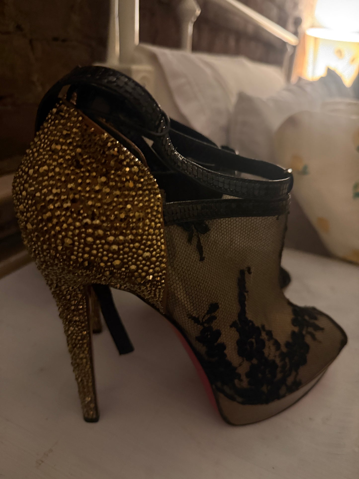 CHRISTIAN LOUBOUTIN LACE CRYSTAL BOOTIE SEX AND THE CITY